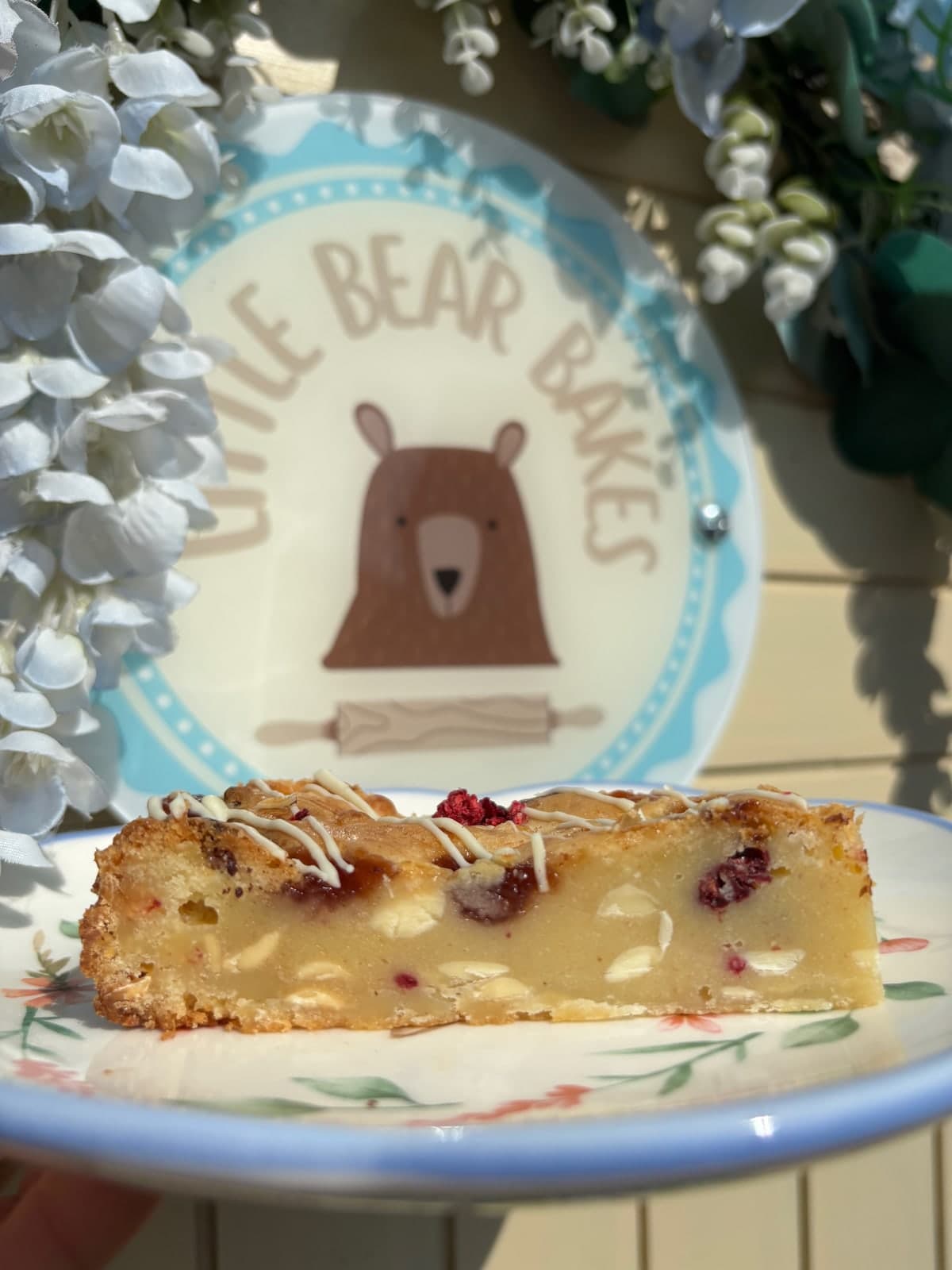 Raspberry and White Chocolate Blondie photographed at Little Bear Bakes