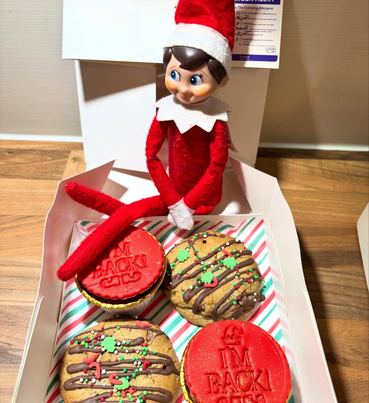 Elf on the Shelf treat box with festive cookies and cupcakes