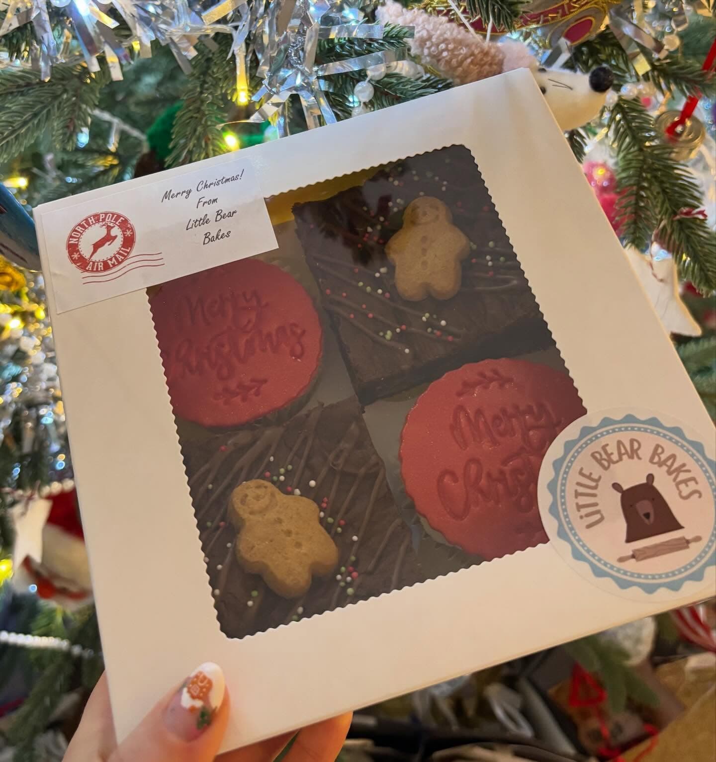 Christmas treat box from Little Bear Bakes held in front of a Christmas tree