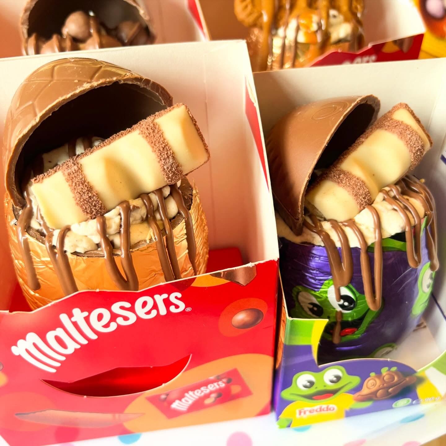 Filled Easter eggs with Malteser and Freddo chocolates