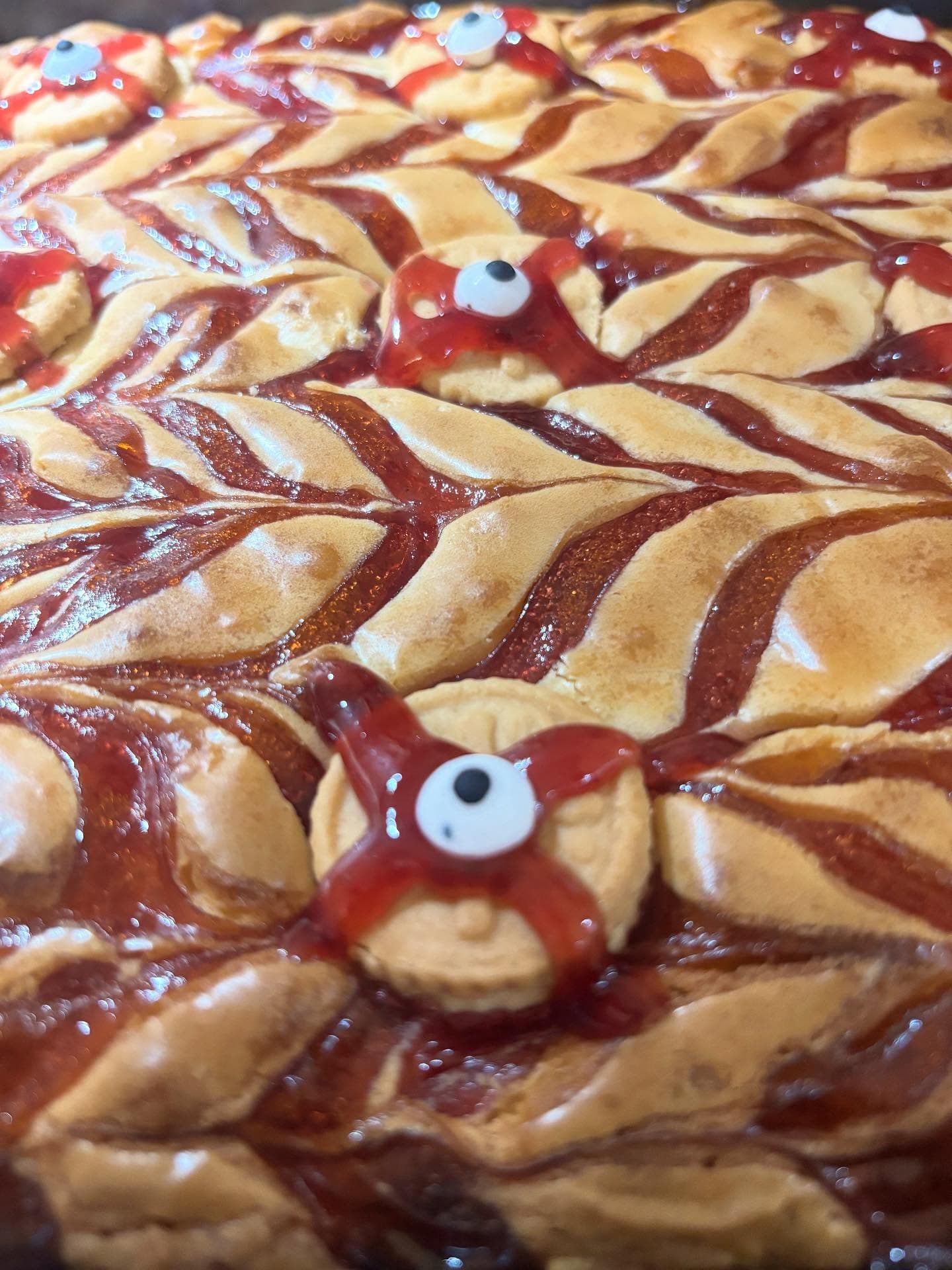 Halloween jammie blondie tray with red jam swirls and eyeball decorations