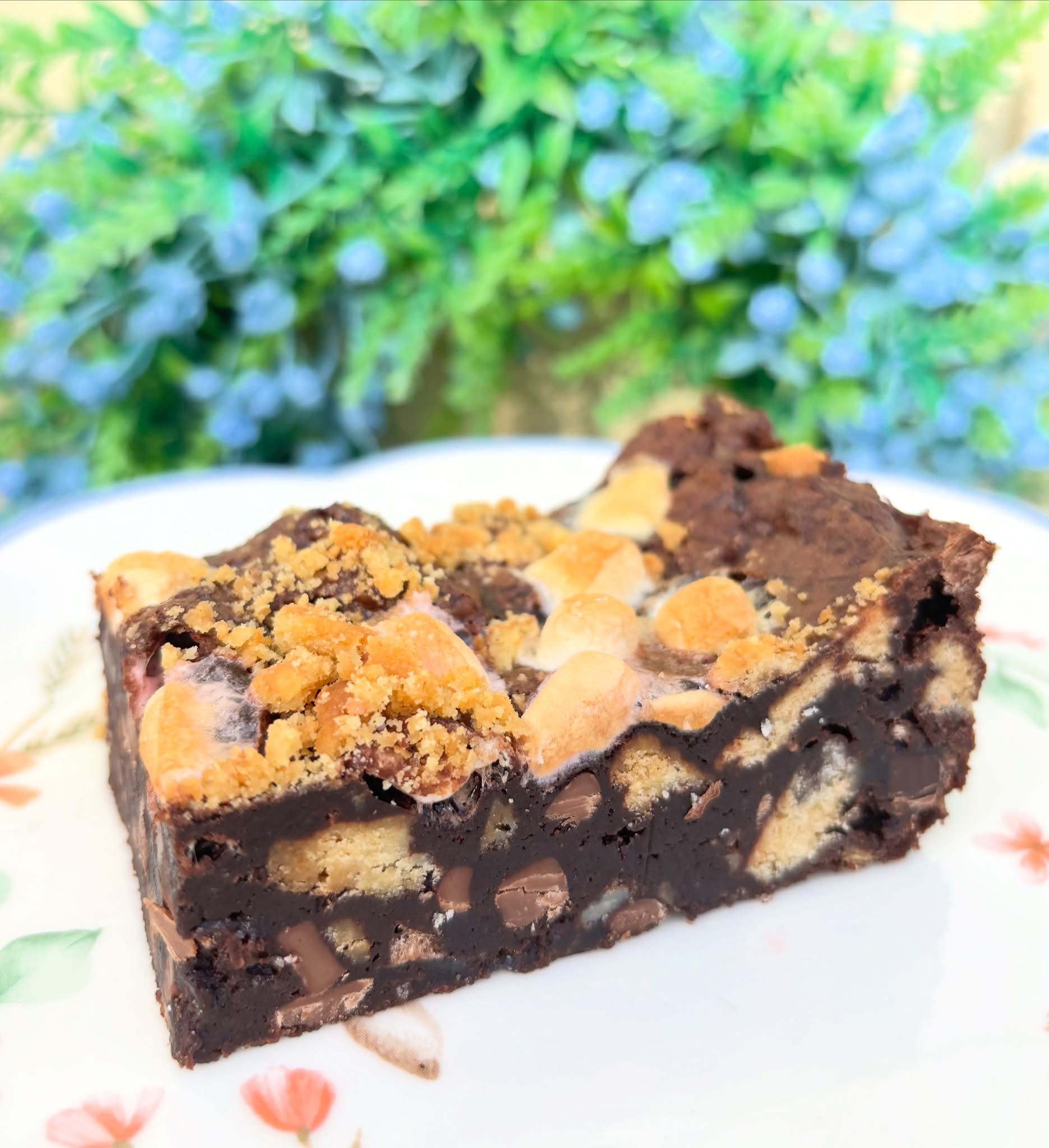S’mores Brownies topped with toasted marshmallows and biscuit pieces